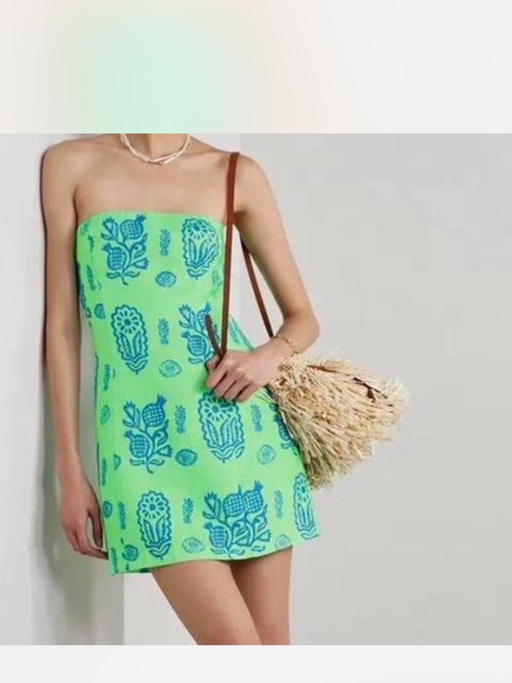 RHODE Lime Green Mini Dress with Blue Floral Print